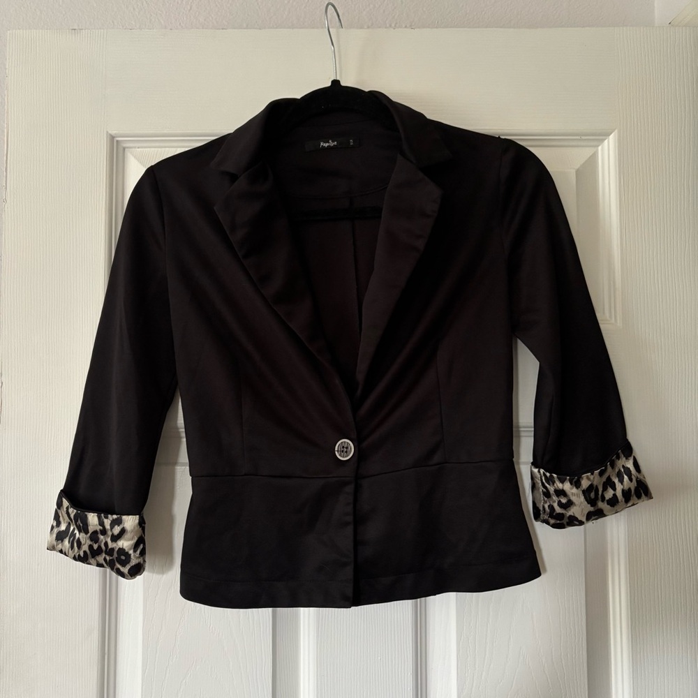 Papaya Black Blazer with Leopard Print Cuffs
